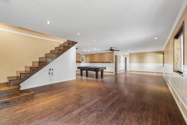 58885 County Road 136, Menahga, MN 56464 - playroom featuring a ceiling fan, recessed lighting, wood finished floors, a wainscoted wall, and pool table