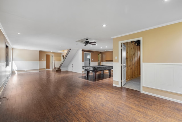 58885 County Road 136, Menahga, MN 56464 - unfurnished living room with billiards, a wainscoted wall, crown molding, recessed lighting, and stairs