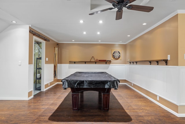 58885 County Road 136, Menahga, MN 56464 - game room with wainscoting, recessed lighting, wood finished floors, ornamental molding, and a ceiling fan