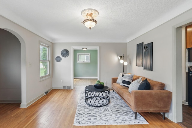 218 Owens St N, Stillwater, MN 55082 - living room with arched walkways, light wood-style floors, baseboards, and a textured ceiling