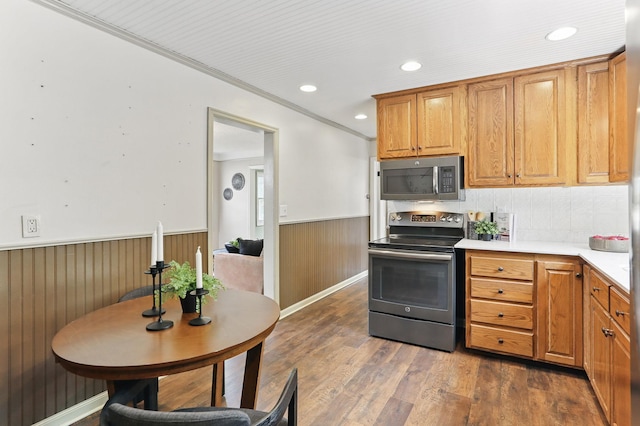 218 Owens St N, Stillwater, MN 55082 - kitchen with appliances with stainless steel finishes, wainscoting, dark wood-type flooring, light countertops, and recessed lighting