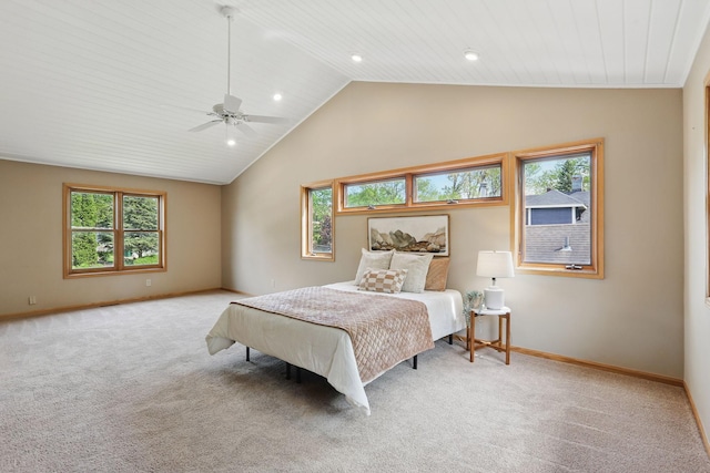 218 Owens St N, Stillwater, MN 55082 - bedroom featuring carpet, baseboards, recessed lighting, high vaulted ceiling, and ceiling fan