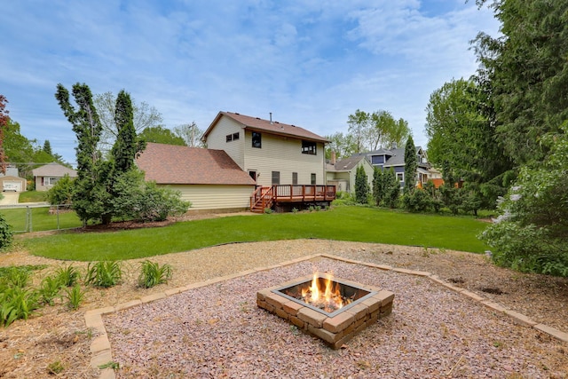 218 Owens St N, Stillwater, MN 55082 - back of property featuring a wooden deck and an outdoor fire pit