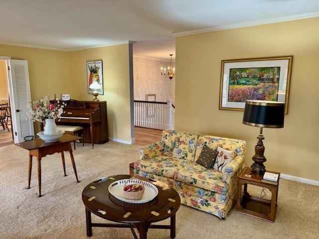 331 Willamor Cir, Albert Lea, MN 56007 - living room featuring crown molding, a chandelier, carpet, and baseboards