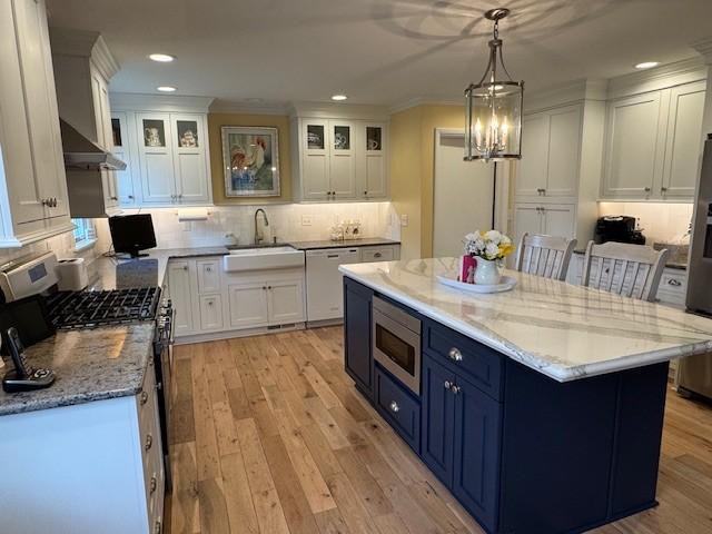 331 Willamor Cir, Albert Lea, MN 56007 - kitchen with appliances with stainless steel finishes, blue cabinetry, white cabinets, a sink, and recessed lighting