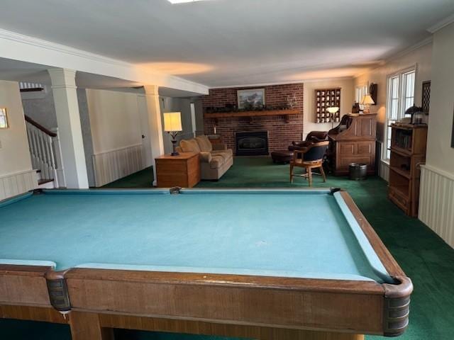 331 Willamor Cir, Albert Lea, MN 56007 - playroom with carpet, a fireplace, billiards, ornamental molding, and wainscoting