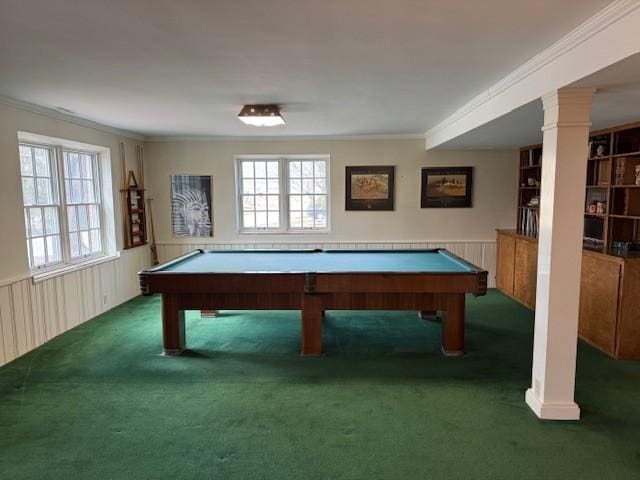 331 Willamor Cir, Albert Lea, MN 56007 - playroom with carpet floors, crown molding, plenty of natural light, billiards, and ornate columns