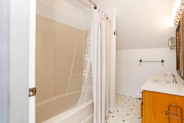 428 4th St, River Falls, WI 54022 - full bathroom featuring baseboard heating, vanity, and shower / bath combination with curtain
