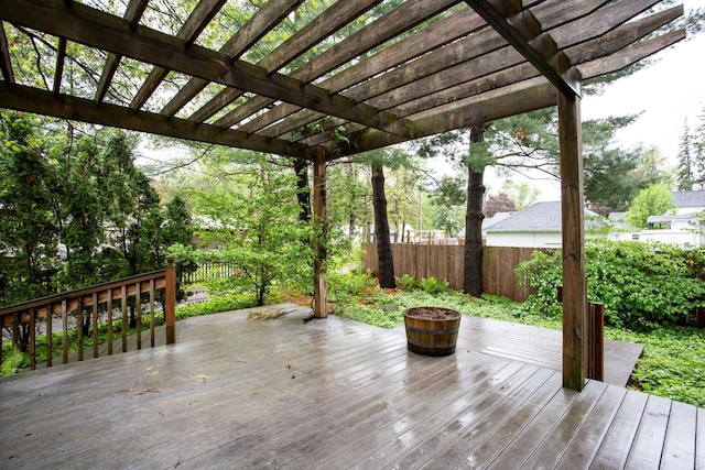 428 4th St, River Falls, WI 54022 - wooden terrace featuring a fenced backyard and a pergola