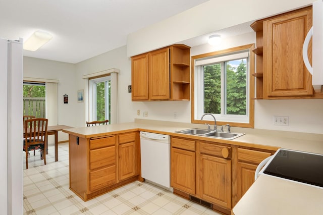842 Monet Ct, Mendota Heights, MN 55120 - kitchen featuring white appliances, open shelves, a sink, a peninsula, and light floors