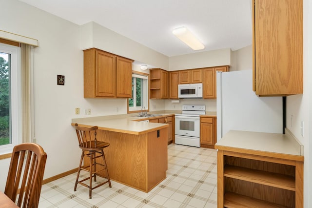 842 Monet Ct, Mendota Heights, MN 55120 - kitchen featuring white appliances, open shelves, a peninsula, light floors, and a sink