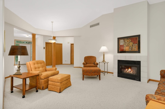 842 Monet Ct, Mendota Heights, MN 55120 - carpeted living room with a fireplace, lofted ceiling, and baseboards