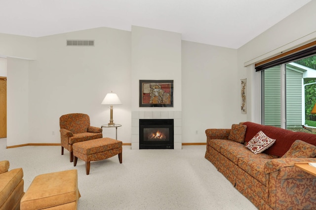 842 Monet Ct, Mendota Heights, MN 55120 - carpeted living area featuring a fireplace, baseboards, and lofted ceiling