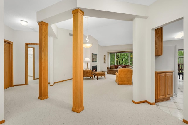 842 Monet Ct, Mendota Heights, MN 55120 - corridor with healthy amount of natural light, light carpet, decorative columns, and vaulted ceiling