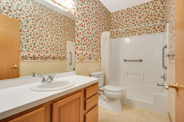 842 Monet Ct, Mendota Heights, MN 55120 - bathroom with wallpapered walls, wainscoting, vanity, toilet, and washtub / shower combination