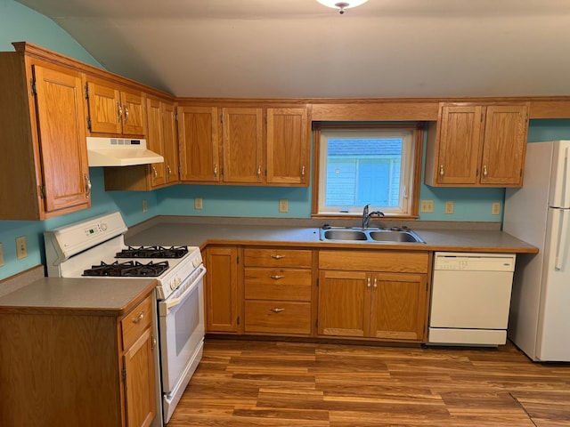 605 Division St W, Faribault, MN 55021 - kitchen with white appliances, under cabinet range hood, a sink, vaulted ceiling, and dark wood-style flooring