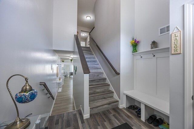 4329 141st Ln NW, Andover, MN 55304 - staircase featuring wood finished floors, baseboards, and a towering ceiling