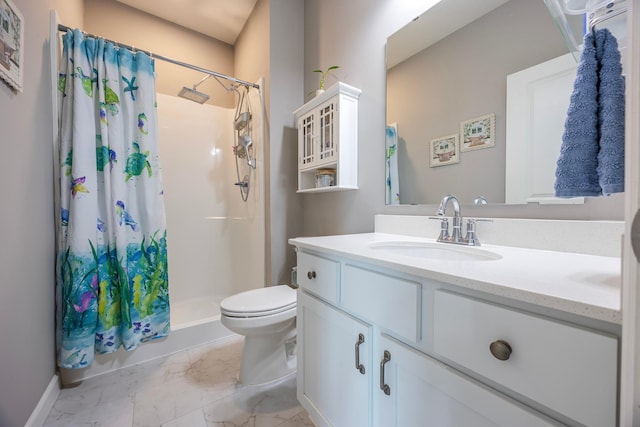 4329 141st Ln NW, Andover, MN 55304 - bathroom featuring marble finish floors, toilet, a shower stall, vanity, and baseboards