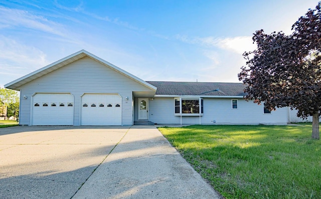 101 6th St NW, Perham, MN 56573 - ranch-style house featuring driveway, a front yard, an attached garage, and a shingled roof