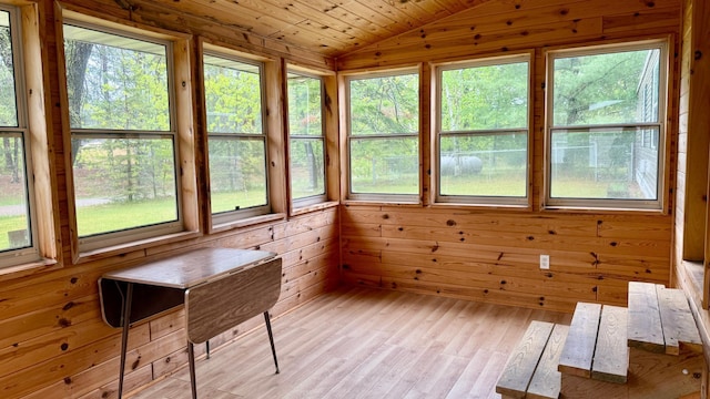 25673 Happy Hollow Rd, Park Rapids, MN 56470 - sunroom with plenty of natural light, lofted ceiling, wood walls, wood finished floors, and wood ceiling