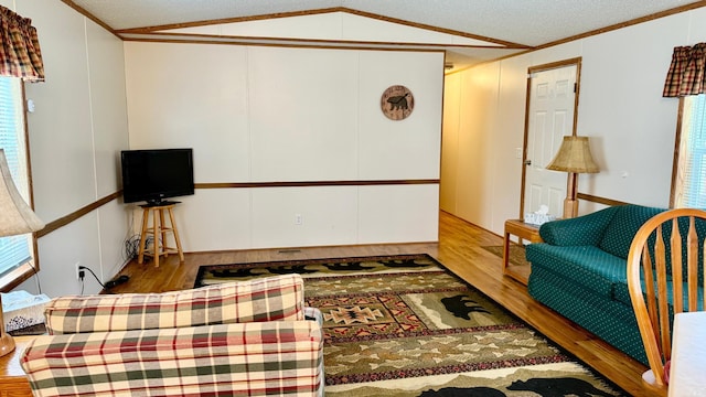 25673 Happy Hollow Rd, Park Rapids, MN 56470 - living room with wood finished floors, vaulted ceiling, a textured ceiling, and ornamental molding