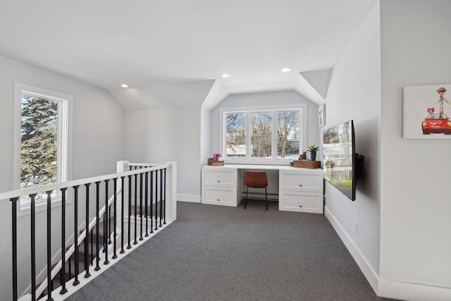 168 1st St, Excelsior, MN 55331 - unfurnished office with lofted ceiling, recessed lighting, dark colored carpet, baseboards, and a baseboard heating unit