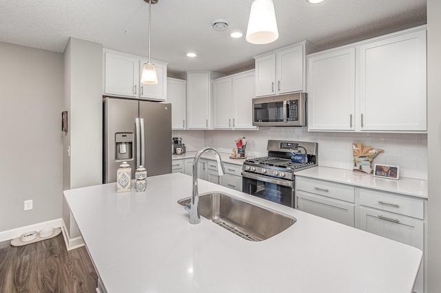 1259 Lower 143rd St E, Rosemount, MN 55068 - kitchen with appliances with stainless steel finishes, a sink, dark wood-style flooring, baseboards, and light countertops