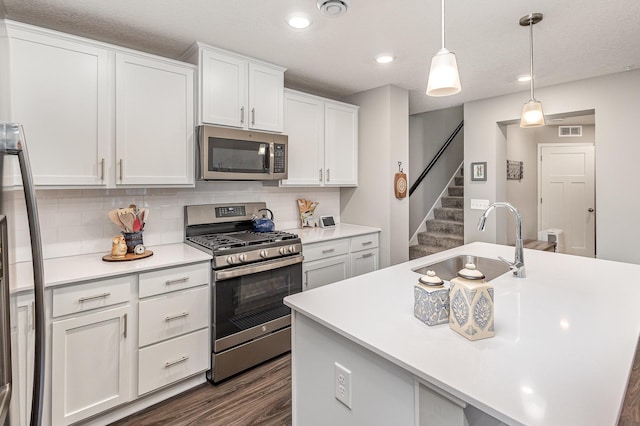 1259 Lower 143rd St E, Rosemount, MN 55068 - kitchen with appliances with stainless steel finishes, a sink, tasteful backsplash, light countertops, and dark wood-type flooring