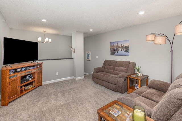 1259 Lower 143rd St E, Rosemount, MN 55068 - living area with light carpet, recessed lighting, a chandelier, a textured ceiling, and baseboards