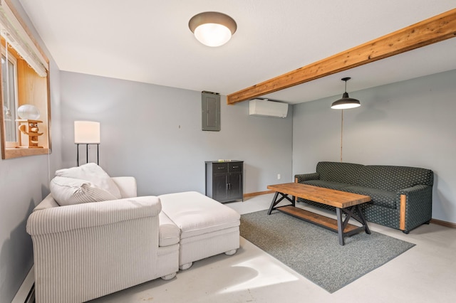 1605 White Ash Ln, Apple River Twp, WI 54810 - living area with an AC wall unit, electric panel, and beam ceiling
