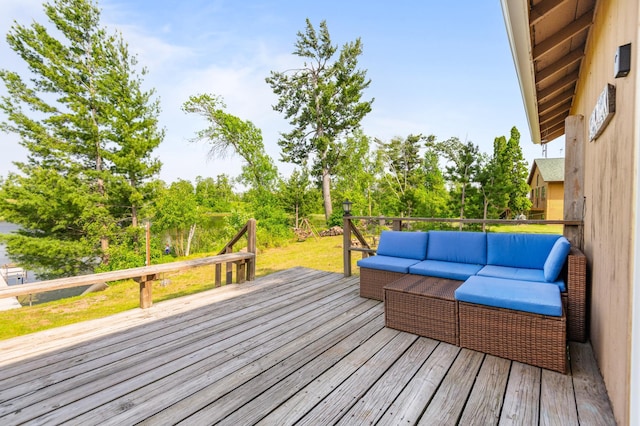 1605 White Ash Ln, Apple River Twp, WI 54810 - wooden deck featuring an outdoor living space and view of scattered trees