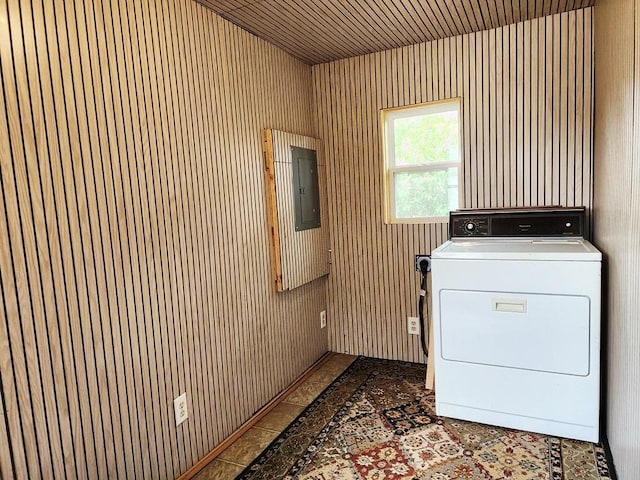 200 Jessie St, Marble, MN 55764 - laundry room with washer / clothes dryer, wood walls, electric panel, and wooden ceiling