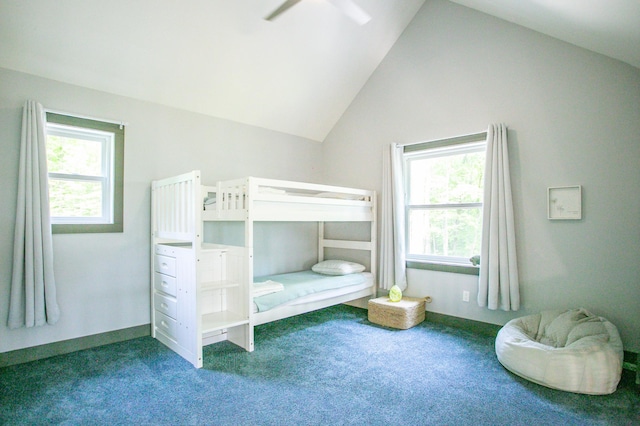 8586 Graves Lake Rd NE, Remer, MN 56672 - bedroom featuring carpet flooring, vaulted ceiling, and ceiling fan