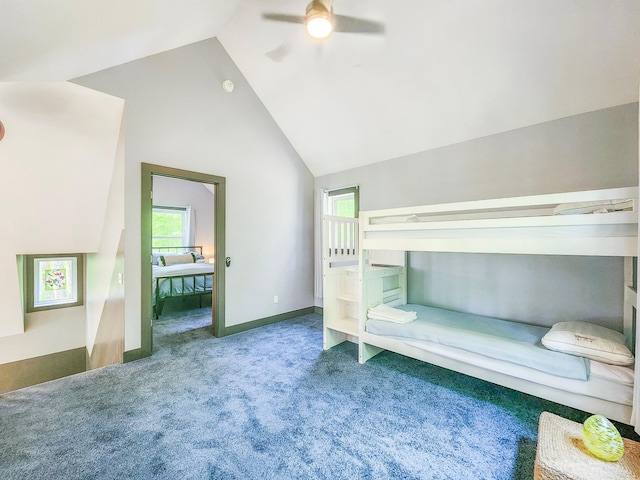 8586 Graves Lake Rd NE, Remer, MN 56672 - bedroom featuring carpet, vaulted ceiling, baseboards, and a ceiling fan