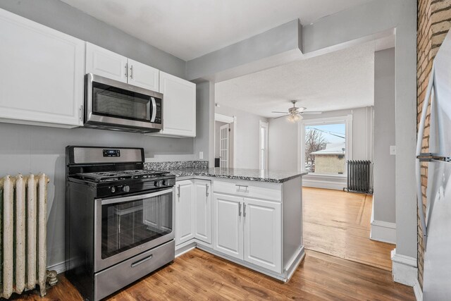 2744 Stevens Ave, Minneapolis, MN 55408 - kitchen with appliances with stainless steel finishes, radiator heating unit, white cabinetry, and light stone counters