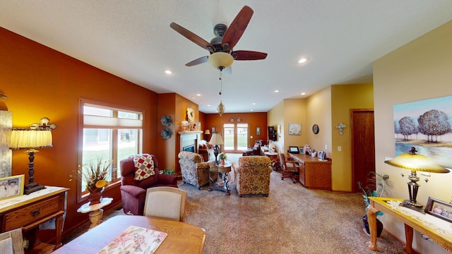 1720 Hale Dr, Albert Lea, MN 56007 - living area featuring carpet, ceiling fan, and recessed lighting