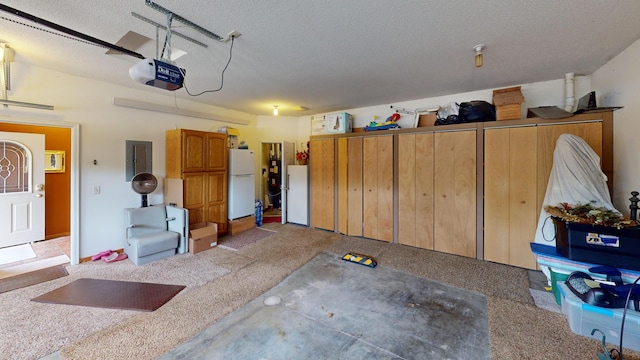 1720 Hale Dr, Albert Lea, MN 56007 - garage with freestanding refrigerator, a garage door opener, and electric panel