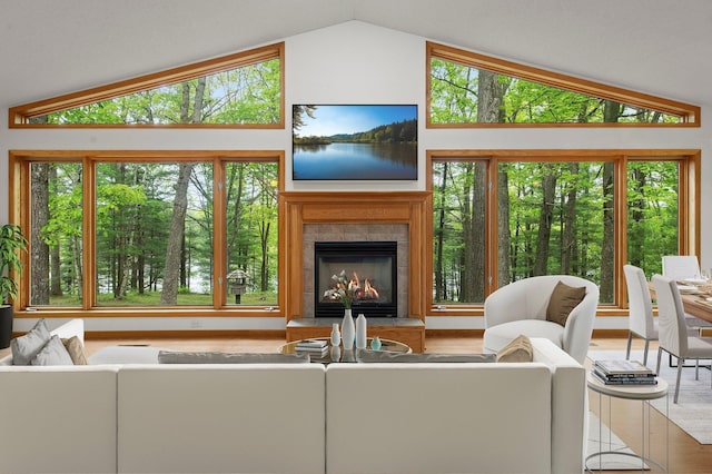 568 26th Ave, Cumberland, WI 54829 - living room with lofted ceiling, wood finished floors, and a tile fireplace