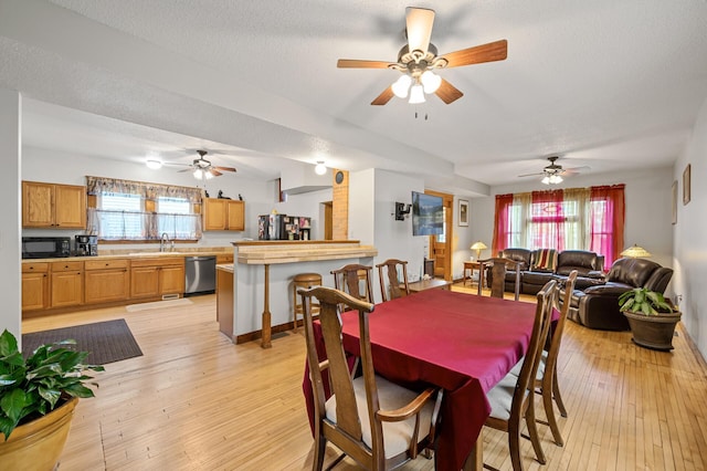 658 Plum St, Saint Paul, MN 55106 - dining space featuring plenty of natural light, light wood-style flooring, ceiling fan, a textured ceiling, and baseboards