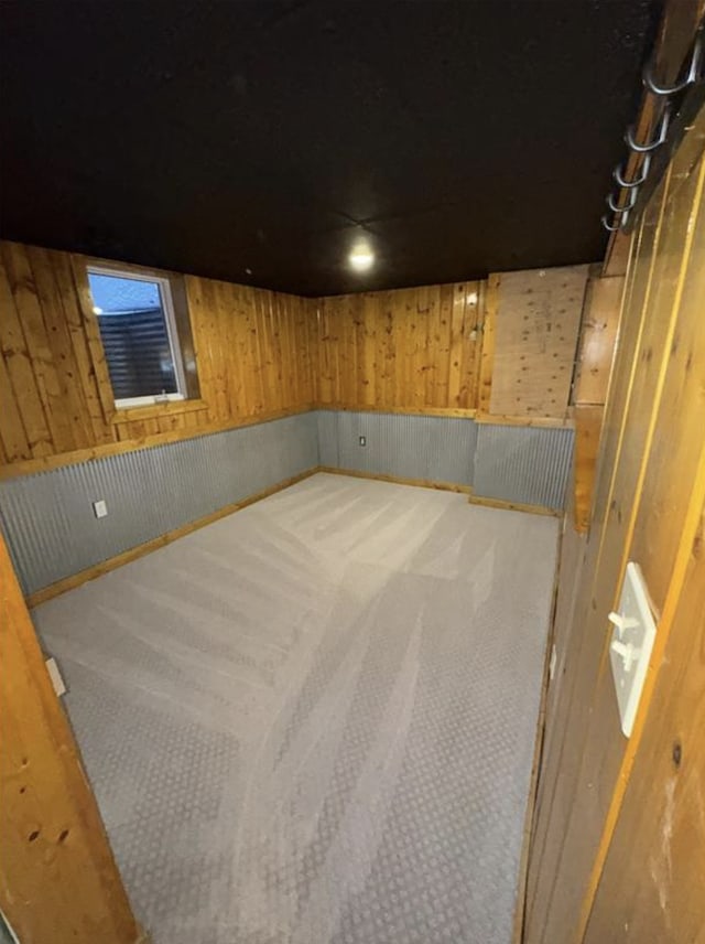 finished below grade area featuring wood walls and carpet floors