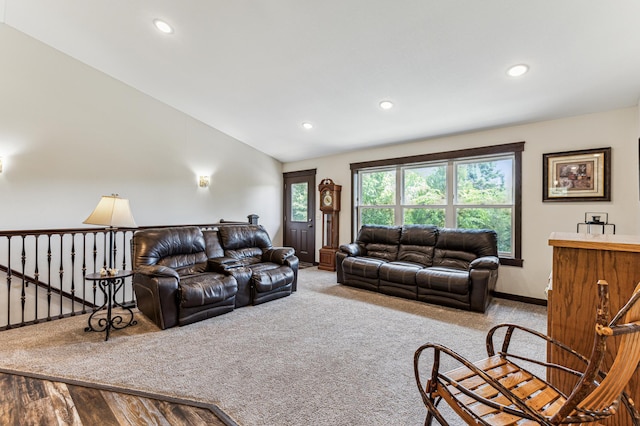 10798 Quiner Ave NW, Southside Twp, MN 55382 - carpeted living area featuring recessed lighting, lofted ceiling, and baseboards
