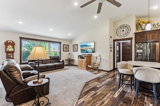 10798 Quiner Ave NW, Southside Twp, MN 55382 - living area with vaulted ceiling, a ceiling fan, recessed lighting, baseboards, and dark wood-style floors