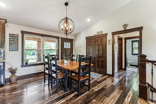 10798 Quiner Ave NW, Southside Twp, MN 55382 - dining area featuring dark wood-style floors, lofted ceiling, a chandelier, baseboards, and recessed lighting