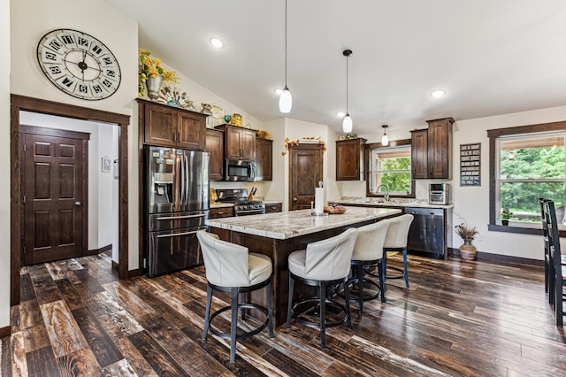10798 Quiner Ave NW, Southside Twp, MN 55382 - kitchen featuring stainless steel appliances, dark brown cabinets, dark wood-style flooring, a kitchen island, and vaulted ceiling