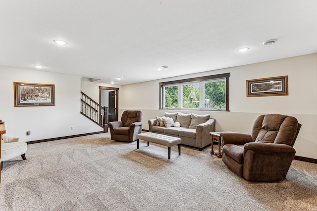 10798 Quiner Ave NW, Southside Twp, MN 55382 - living area featuring carpet flooring, stairway, recessed lighting, and baseboards
