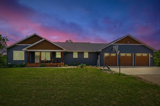 10798 Quiner Ave NW, Southside Twp, MN 55382 - ranch-style house with a porch, concrete driveway, an attached garage, and a front yard