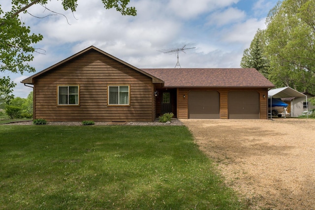 24058 610th Ave, Madison Lake, MN 56063 - view of front of house featuring dirt driveway, a garage, and a front lawn