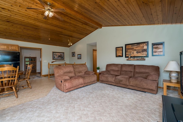 24058 610th Ave, Madison Lake, MN 56063 - carpeted living room with wood ceiling, ceiling fan, and baseboards