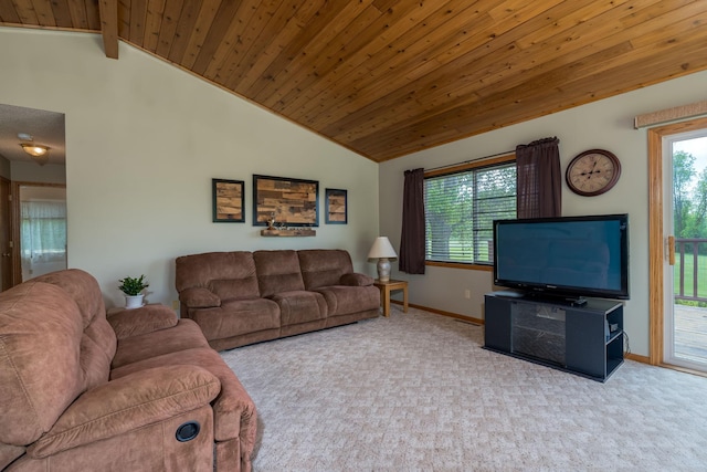 24058 610th Ave, Madison Lake, MN 56063 - carpeted living area featuring vaulted ceiling, wood ceiling, and baseboards