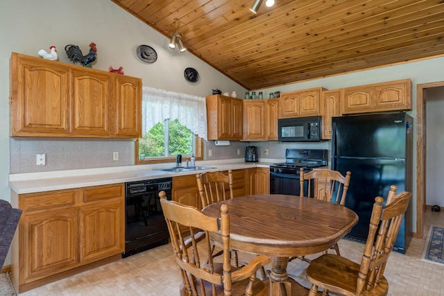 24058 610th Ave, Madison Lake, MN 56063 - kitchen featuring black appliances, vaulted ceiling, a sink, tasteful backsplash, and light countertops